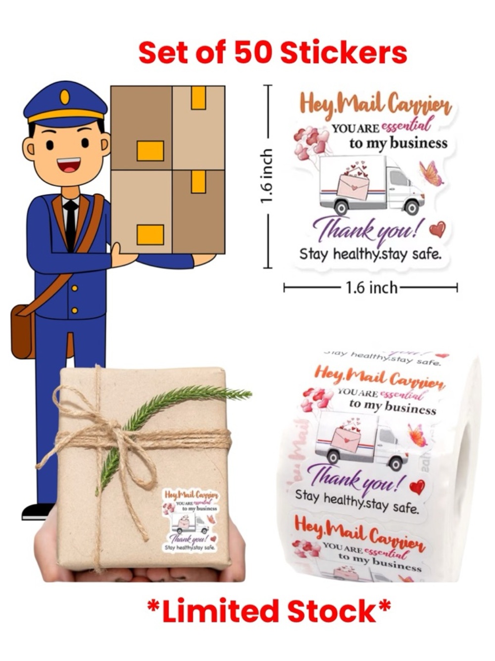 Set of 50 Mail Carrier Thank You Stickers Resellers Shipping Supplies